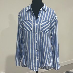 Charlie B Blue and White Linen Mix Striped Button Down Shirt with Pockets
